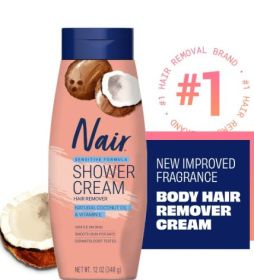 Nair Sensitive Shower Cream Hair Remover, Coconut Oil & Vitamin E, Body Hair Removal Cream, 12 oz