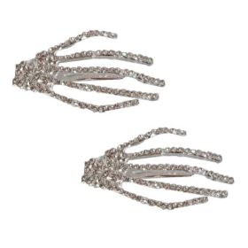 2 Piece Silver Skull Ghost Claw Rhinestone Hair Clips Halloween Gothic Hand Bone Metal Punk Rock Hair Clips